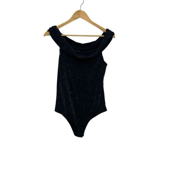 Gilli Tops - Gilli Women's Metallic Off-Shoulder Stretch Body Suit Black Silver Medium USA